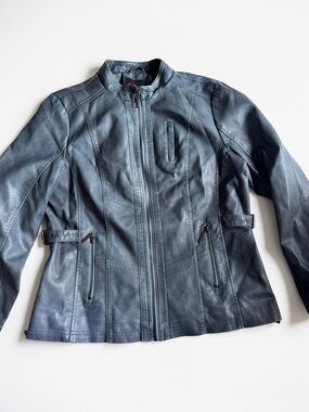 Le Grenier Jacket Womens Blue Faux Leather Moto Style Zip Coat M L